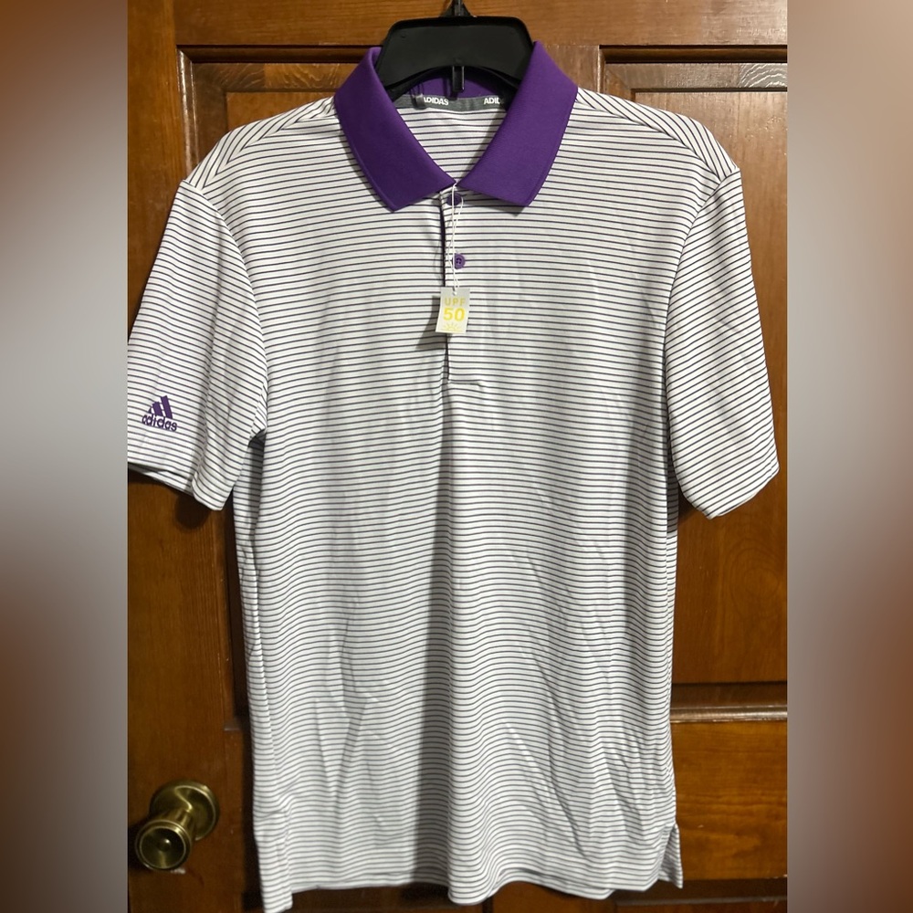 NWT ADIDAS Men's Purple and White Striped Golf Polo Shirt Men’s Small SPF 50